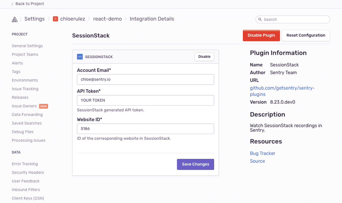 Sentry SessionStack plugin