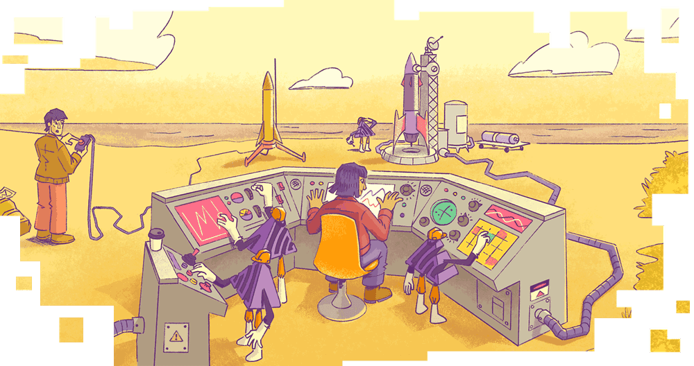 An illustration of Sentry's Session Replay as a super model rocket about to launch