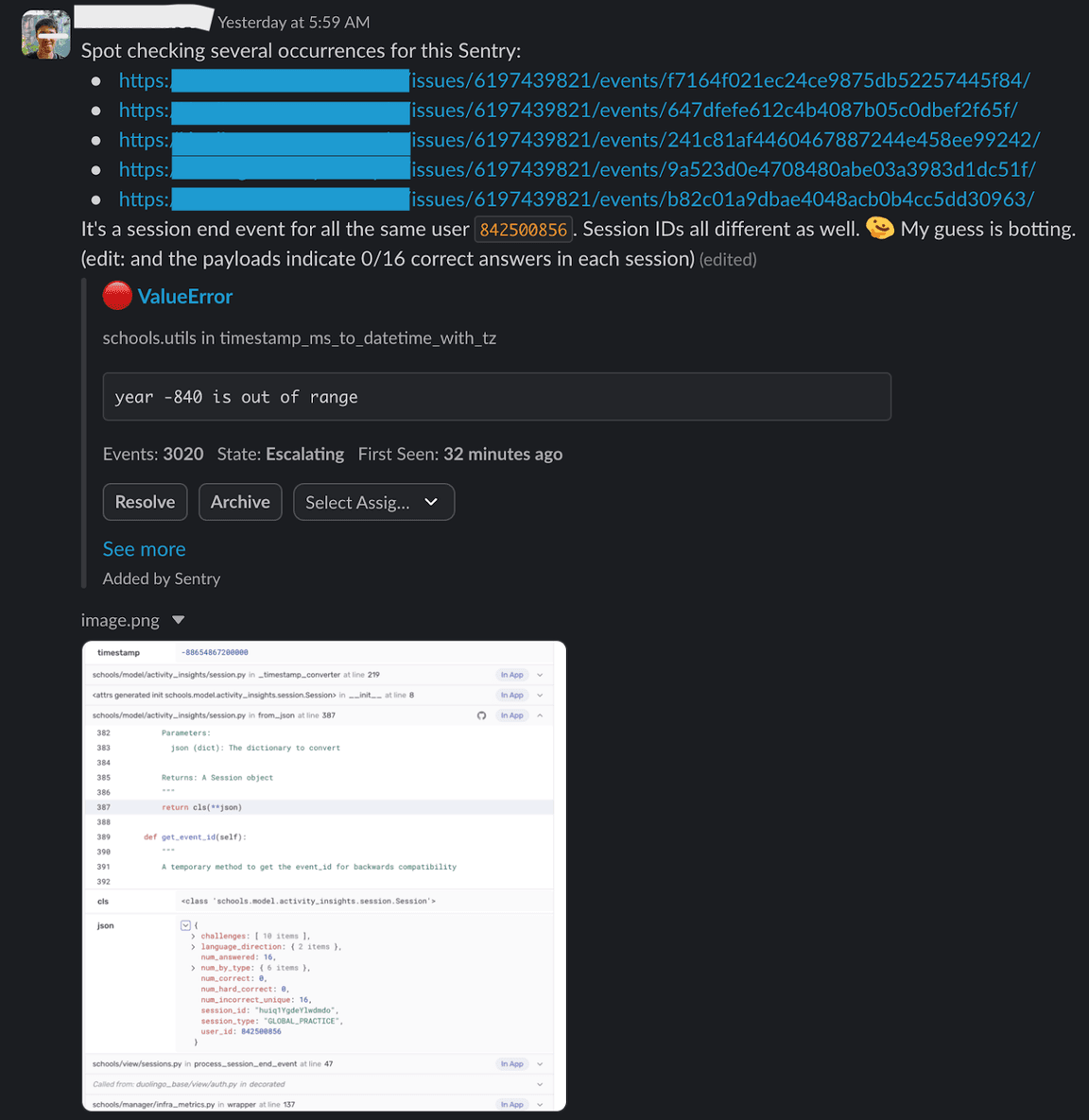 image describing context provided by sentry used to quickly solve the problem