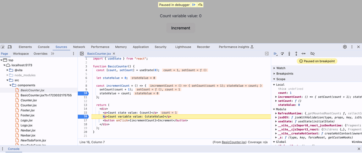 DevTools Sources panel - paused execution on breakpoint