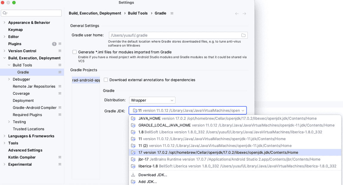 Gradle JDK Settings