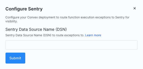 A screenshot showing the Convex-Sentry DSN configuration setup