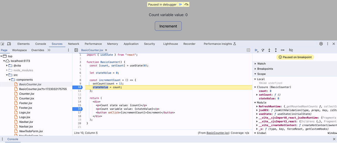 DevTools Sources panel - with breakpoints
